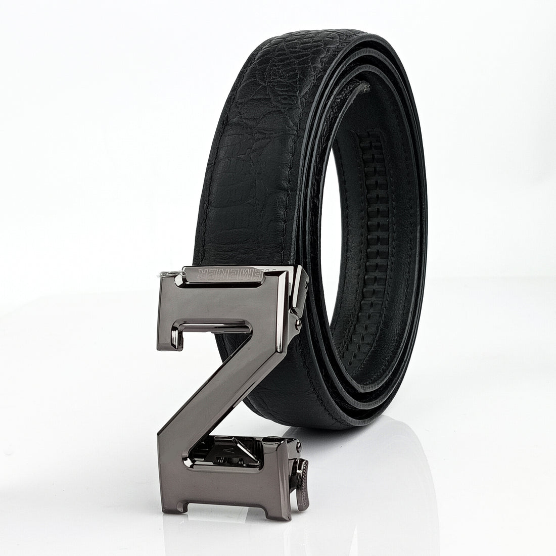 Hemener Men  N  Letter Metal Auto Grip Buckle Black Croc Pattern Genuine Leather Belt