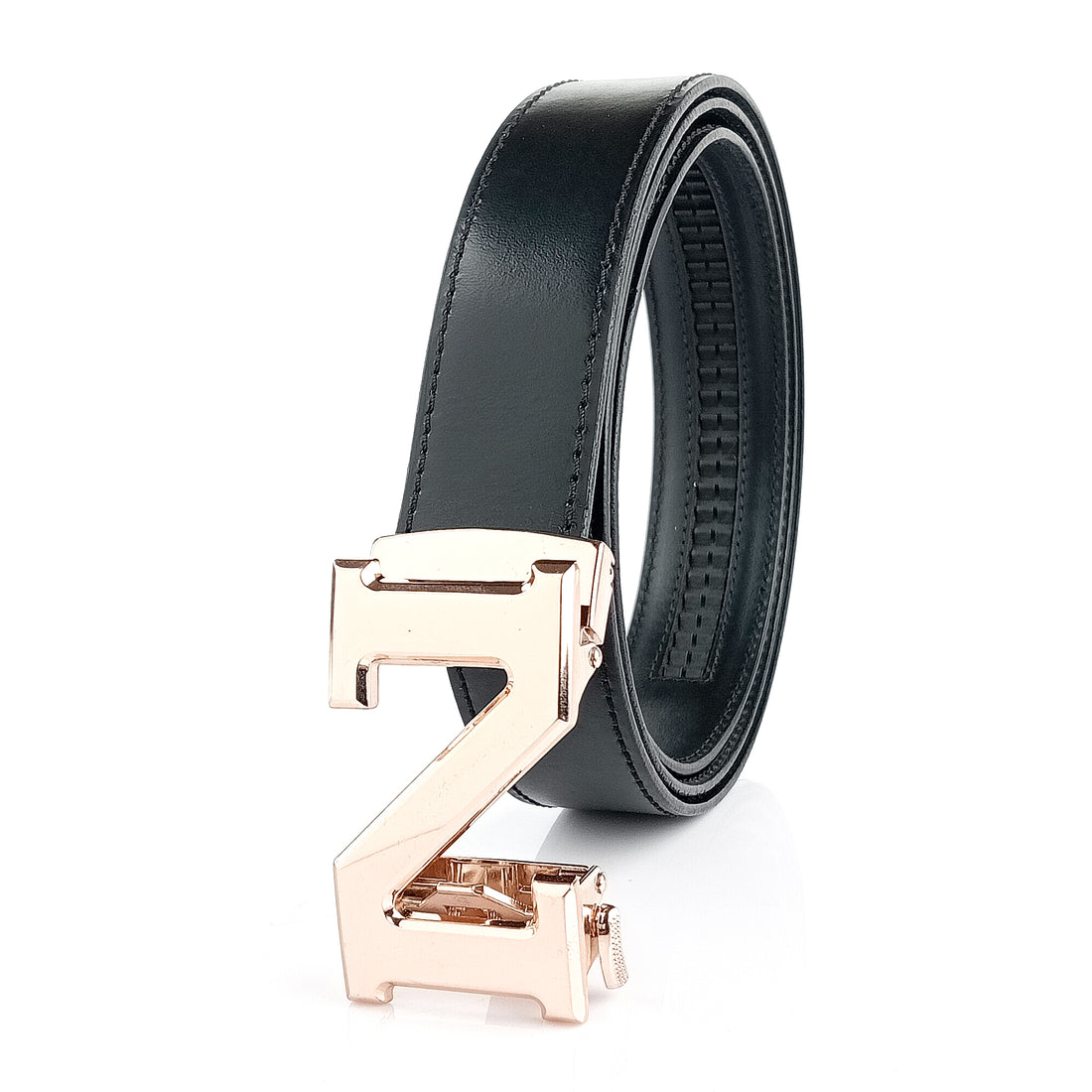 Hemener Men N Letter Metal Buckle Black Genuine Leather Belt