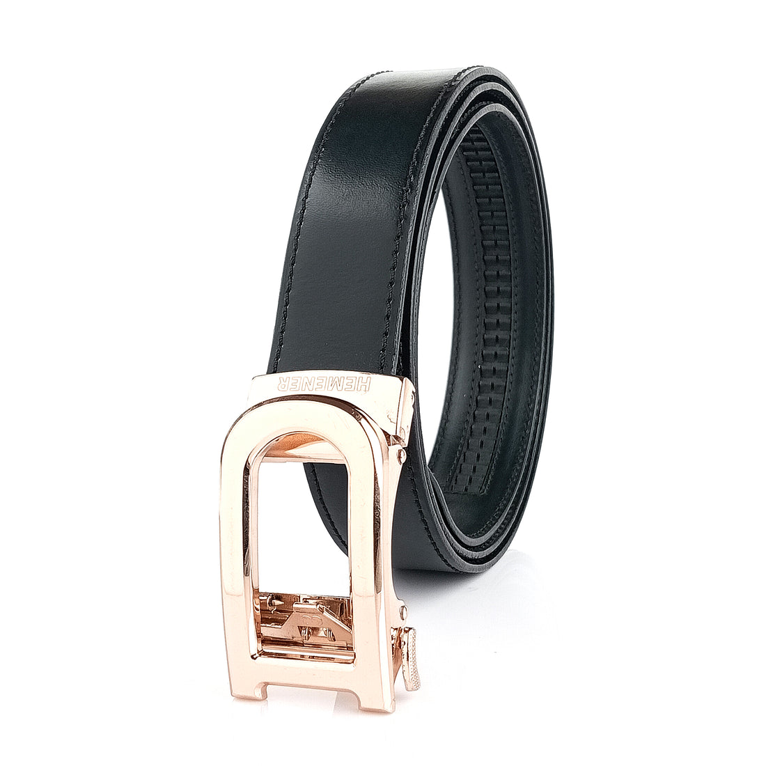 Hemener Men D Letter Metal Buckle Black Genuine Leather Belt