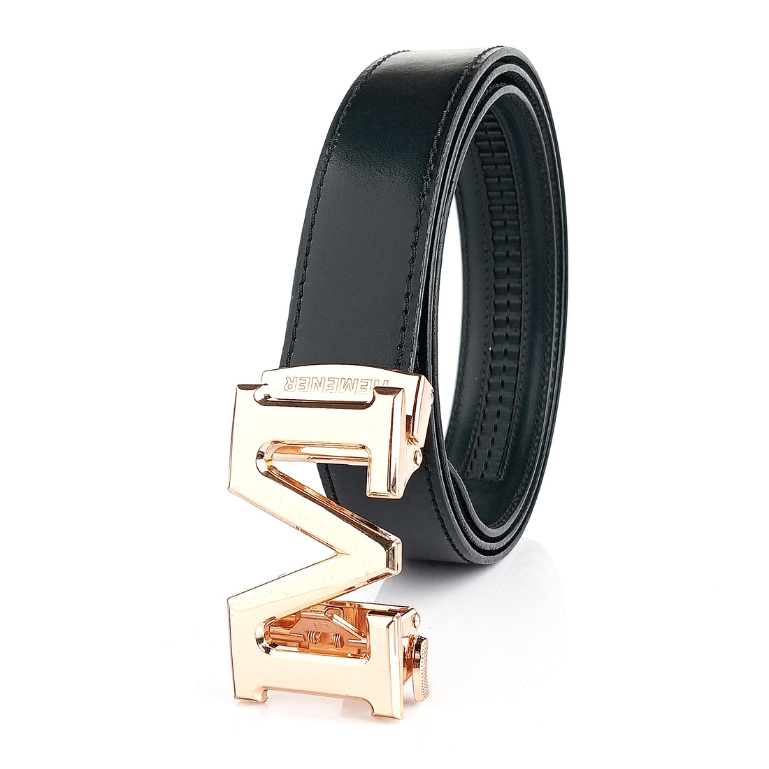 Hemener Men M Letter Metal Buckle Black Genuine Leather Belt