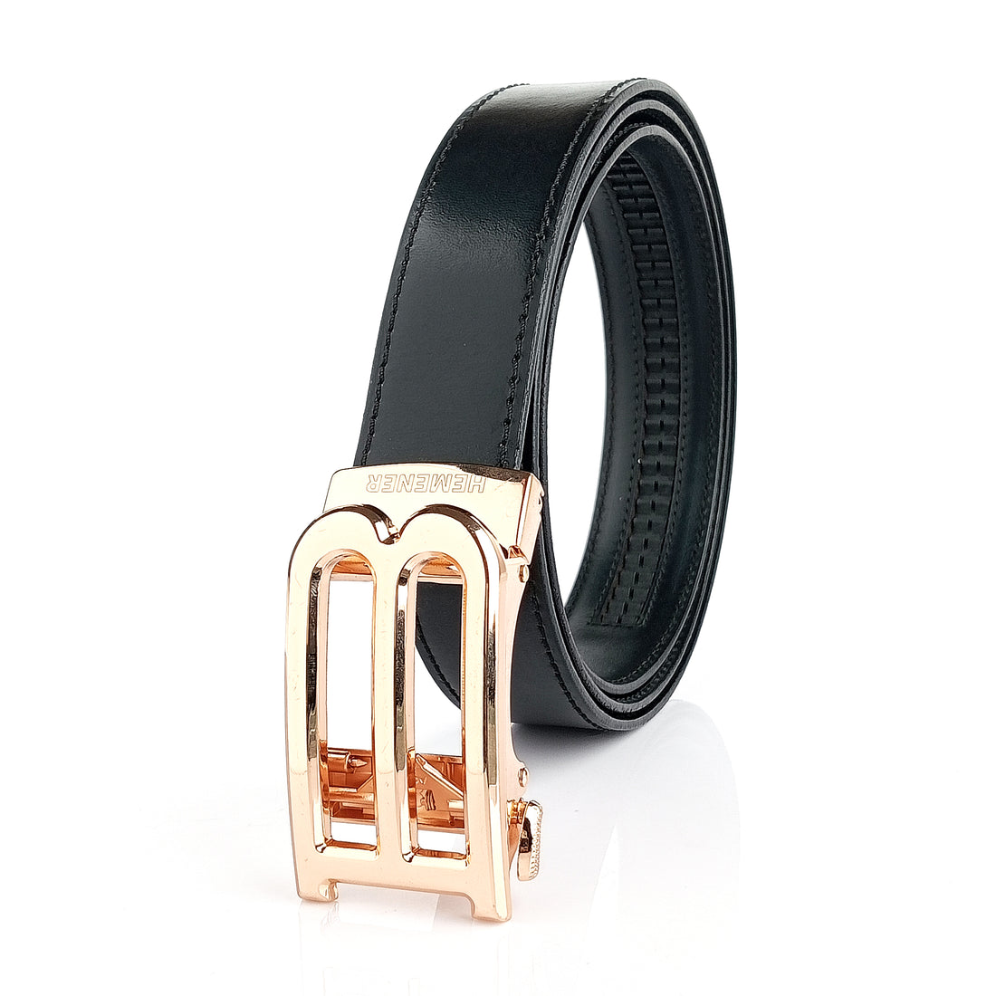 Hemener Men B Letter Metal Buckle Black Genuine Leather Belt