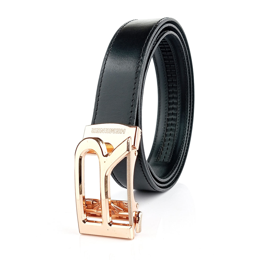 Hemener Men R Letter Metal Buckle Black Genuine Leather Belt