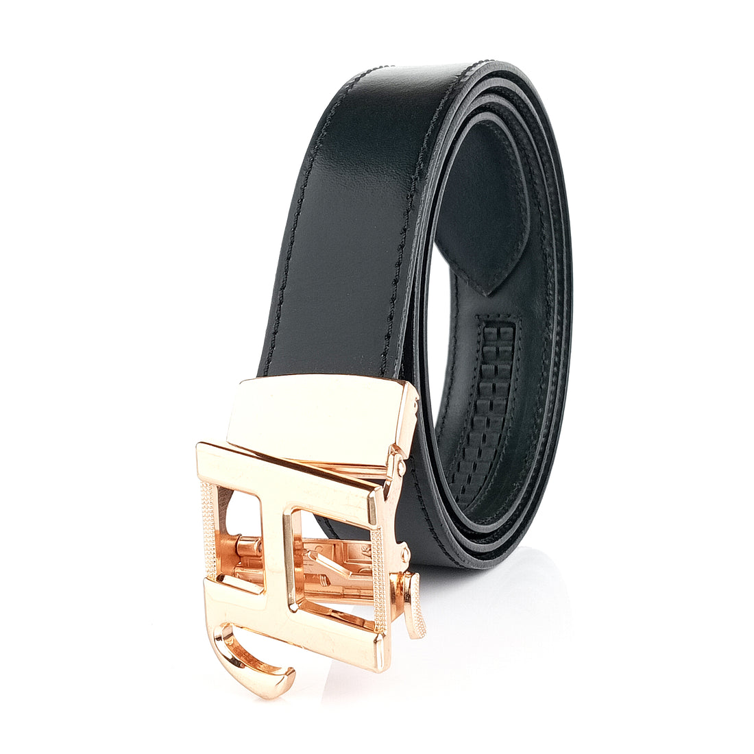 Hemener Men H Letter Metal Buckle Black Genuine Leather Belt