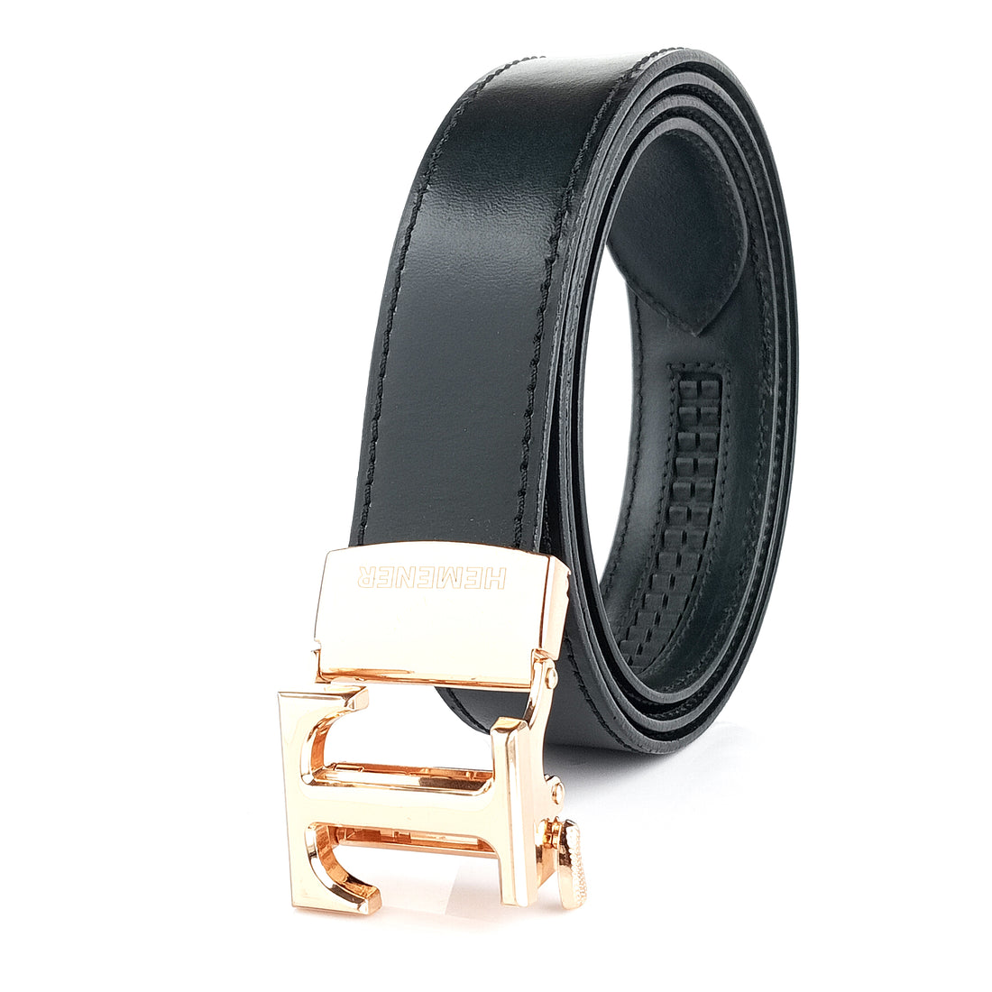 Hemener Men T Letter Metal Buckle Black Genuine Leather Belt