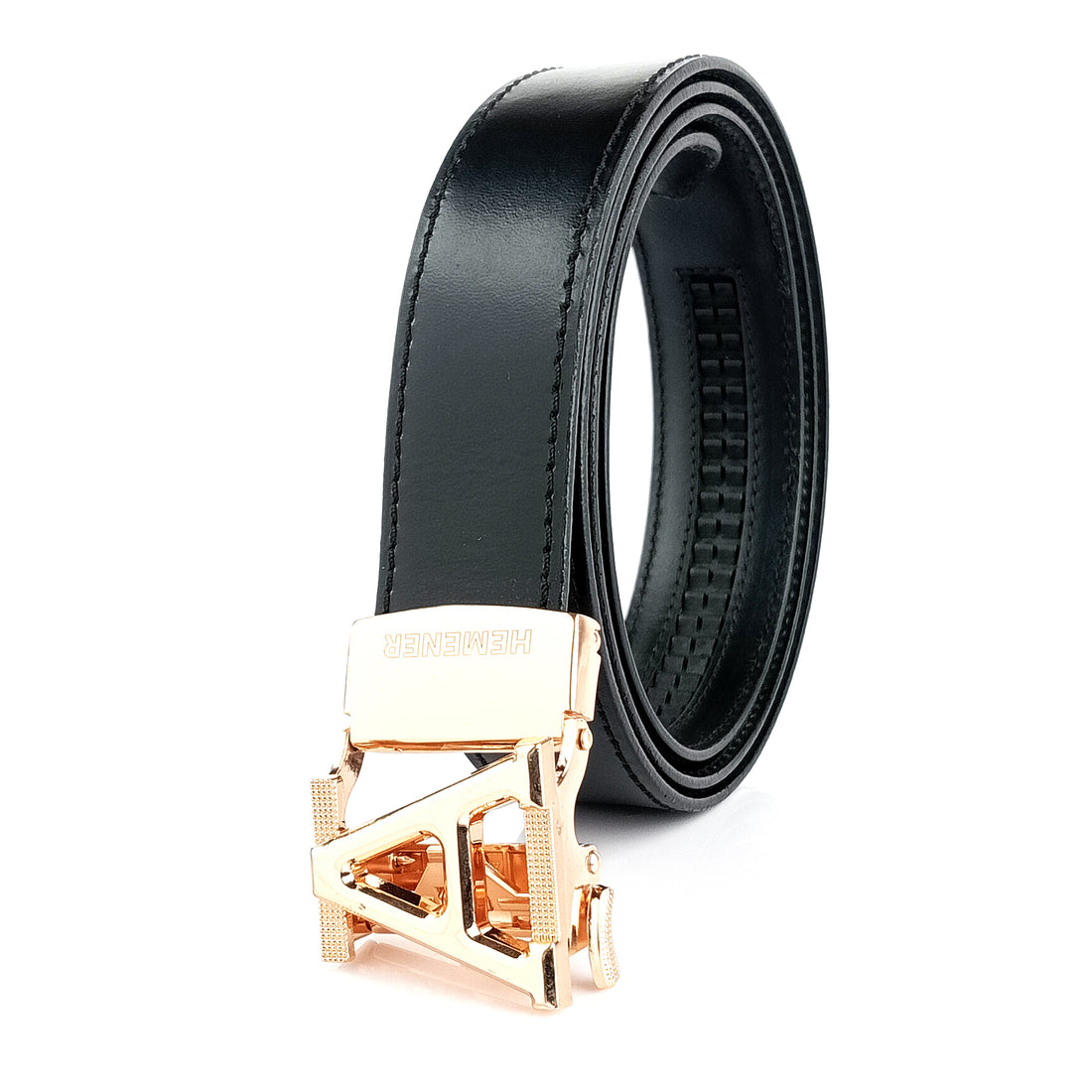 Hemener Men A Letter Metal Buckle Black Genuine Leather Belt