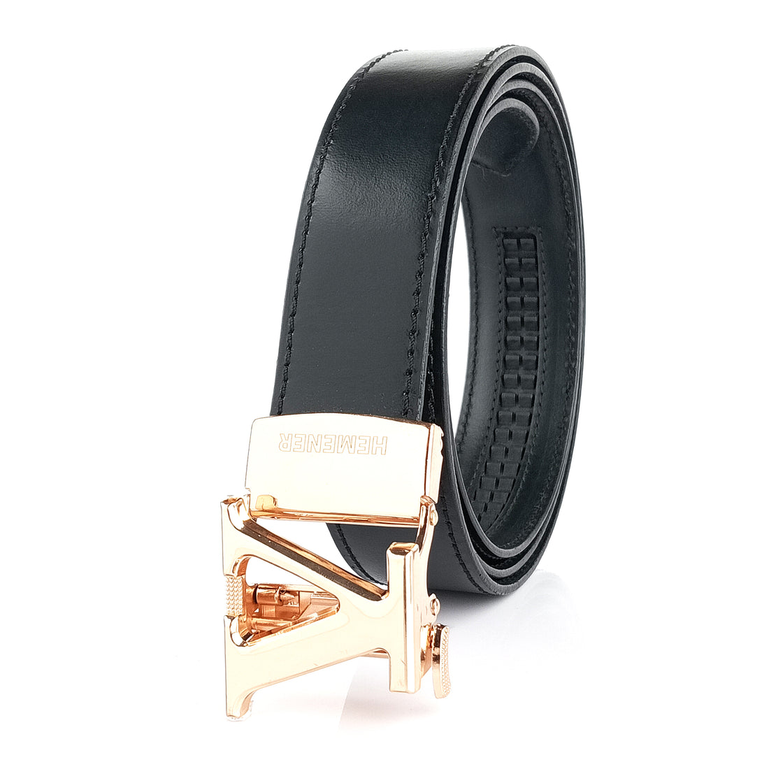 Hemener Men V Letter Metal Buckle Black Genuine Leather Belt