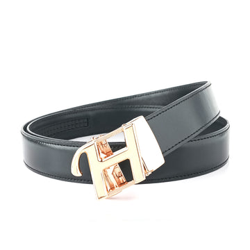 Hemener Men H Letter Metal Buckle Black Genuine Leather Belt