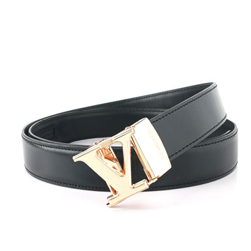 Hemener Men V Letter Metal Buckle Black Genuine Leather Belt