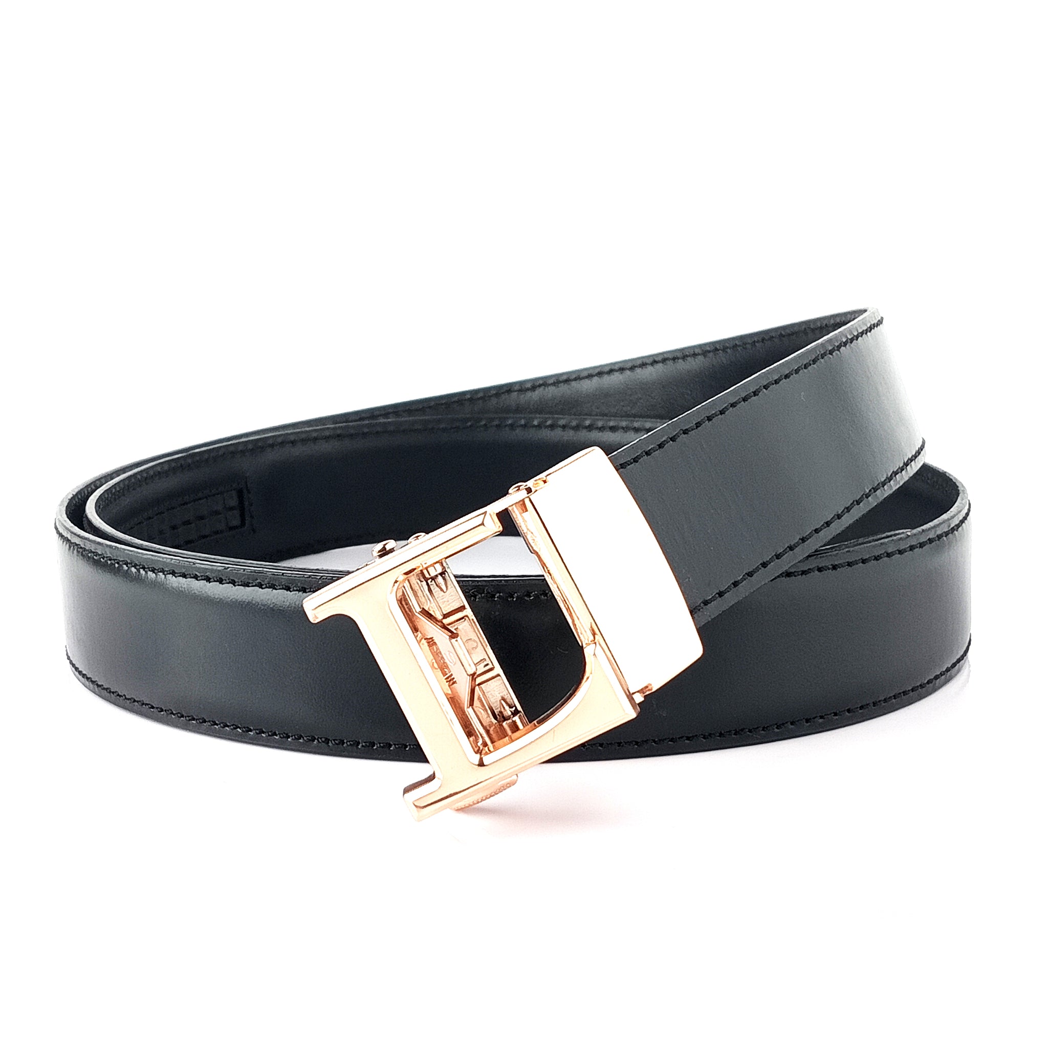 Hemener Men L Letter Metal Buckle Black Genuine Leather Belt