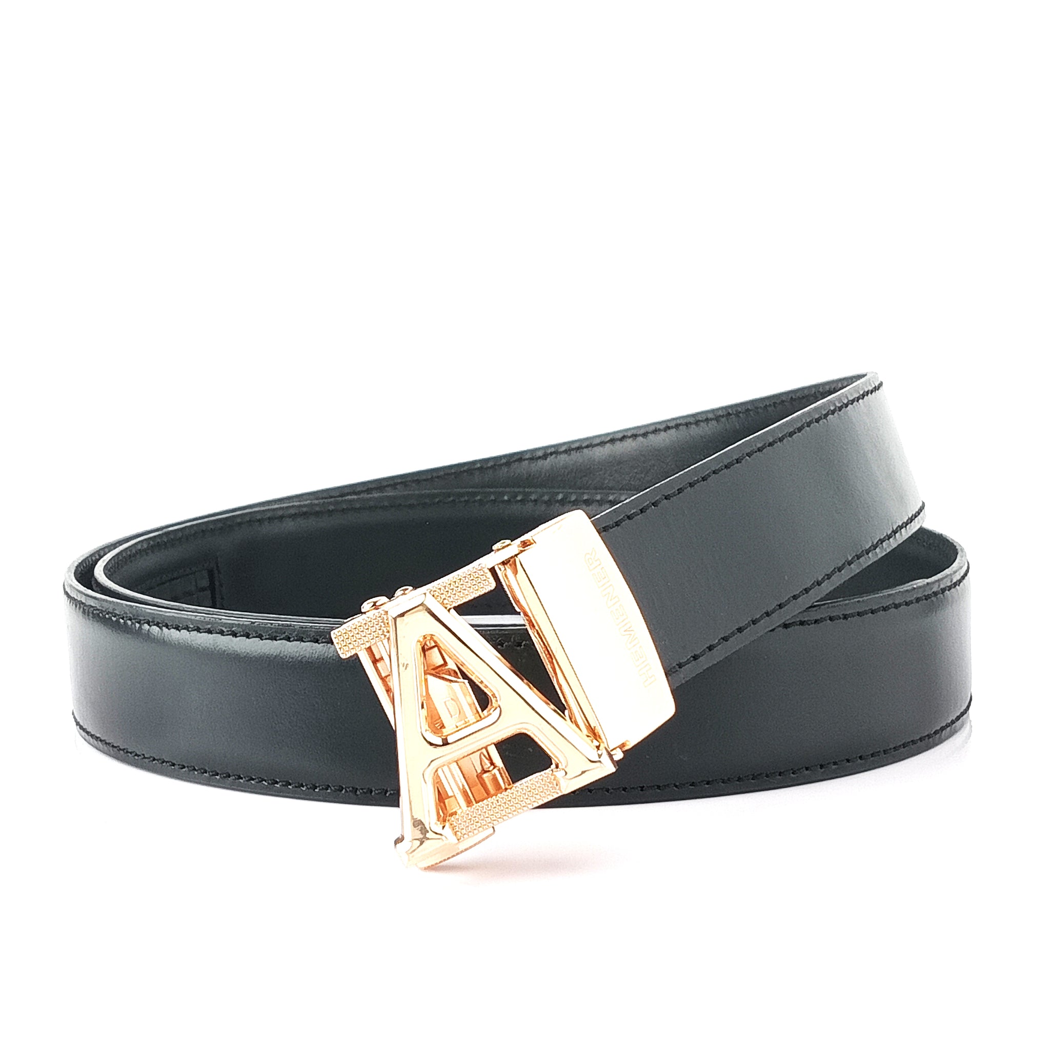 Hemener Men A Letter Metal Buckle Black Genuine Leather Belt