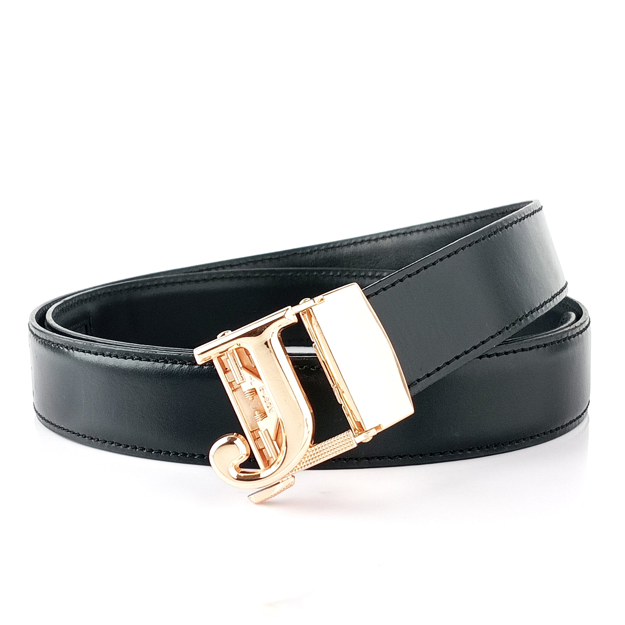 Hemener Men J Letter Metal Buckle Black Genuine Leather Belt