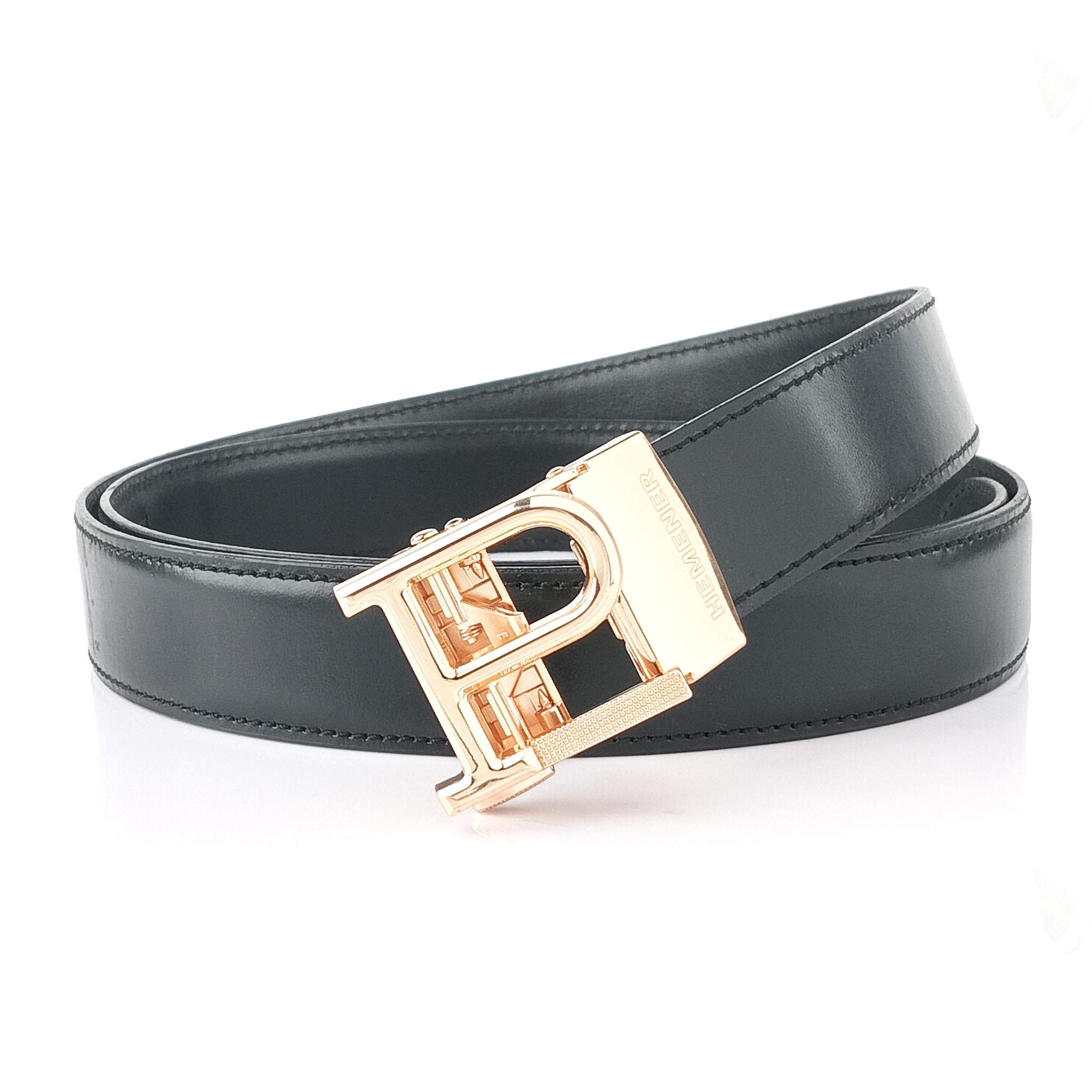 Hemener Men P Letter Metal Buckle Black Genuine Leather Belt