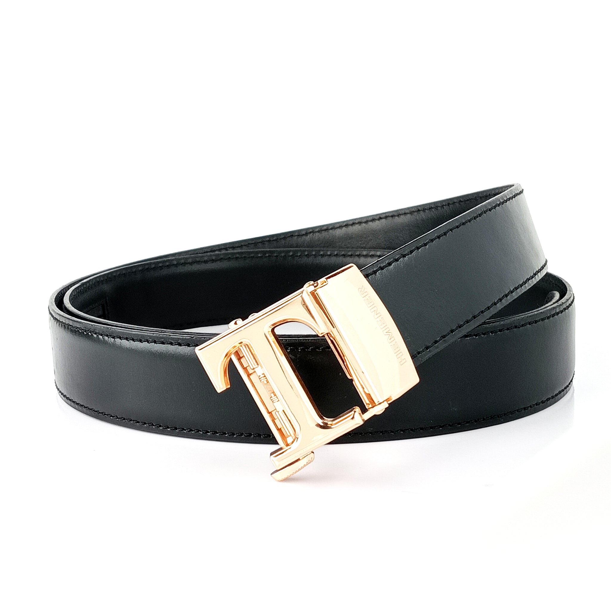 Hemener Men T Letter Metal Buckle Black Genuine Leather Belt