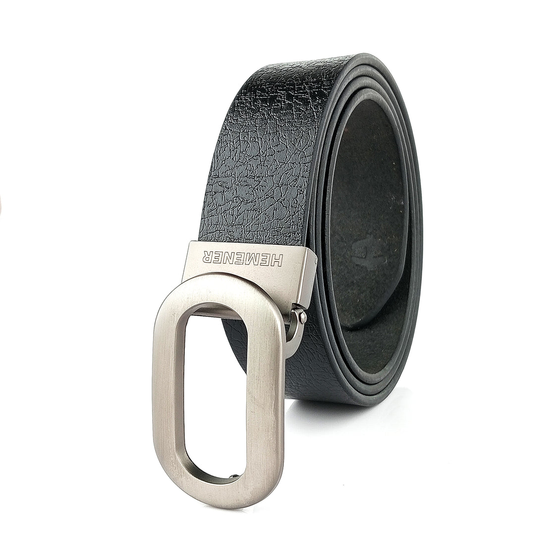 Hemener Men Metal Pin Hole Buckle Black Genuine Leather Belt