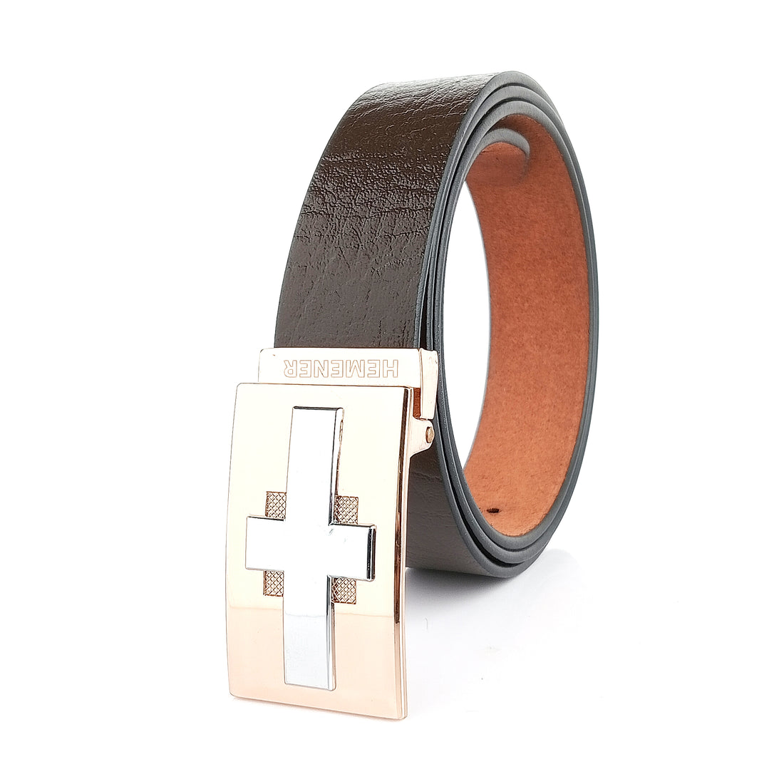 Hemener Men Metal Pin Hole Buckle Dark Brown Genuine Leather Belt