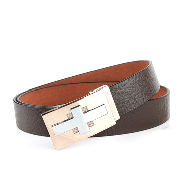 Hemener Men Metal Pin Hole Buckle Dark Brown Genuine Leather Belt