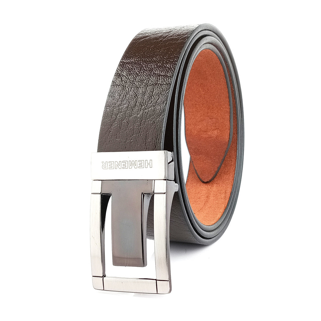 Hemener Men Metal Pin Hole Buckle Dark Brown Genuine Leather Belt