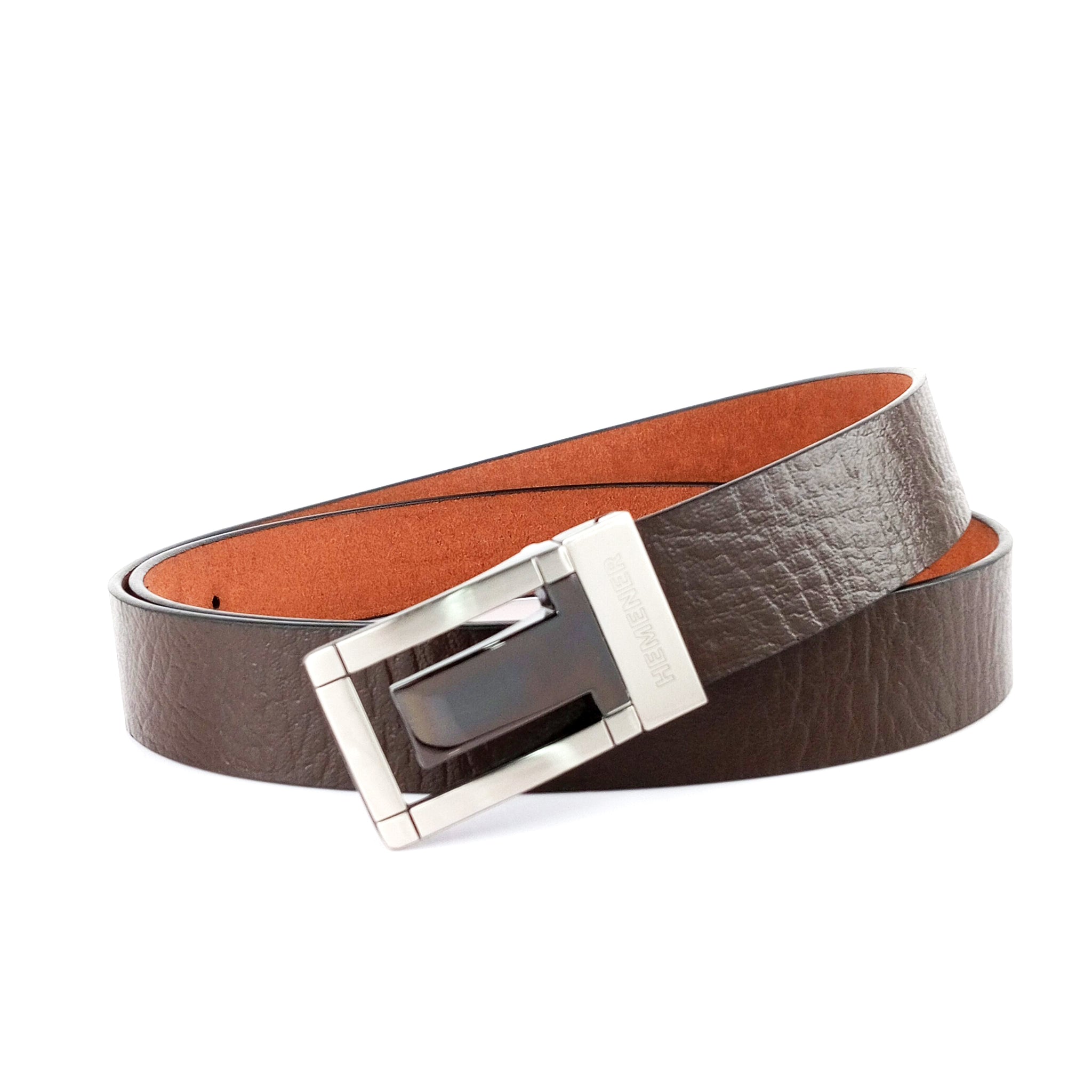 Hemener Men Metal Pin Hole Buckle Dark Brown Genuine Leather Belt