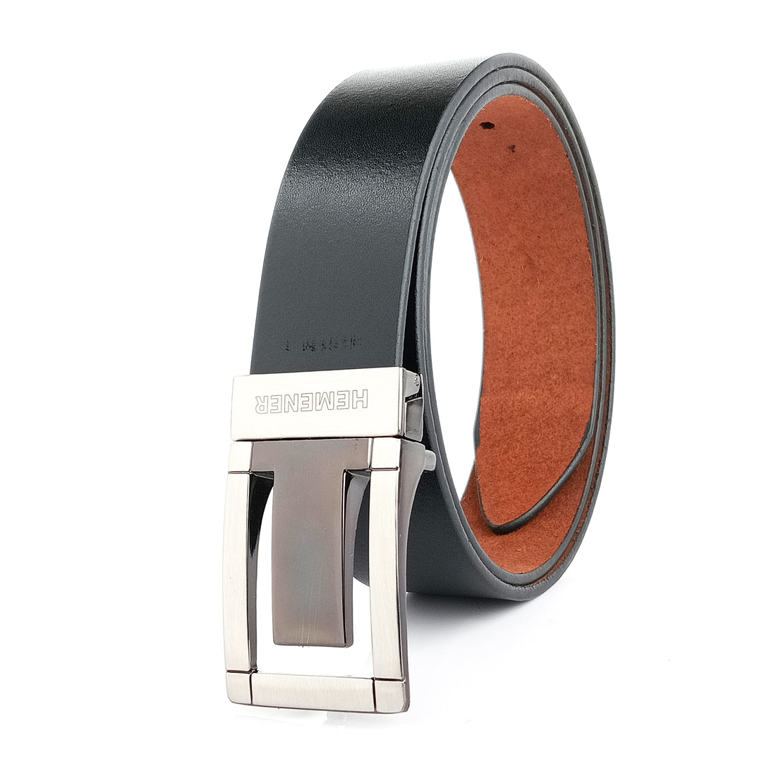 Hemener Men Metal Pin Hole Buckle Black Genuine Leather Belt