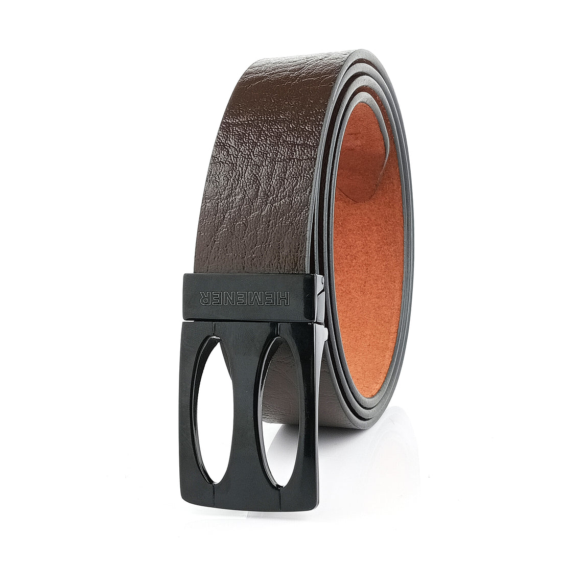 Hemener Men Metal Pin Hole Buckle Dark Brown Genuine Leather Belt