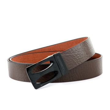 Hemener Men Metal Pin Hole Buckle Dark Brown Genuine Leather Belt