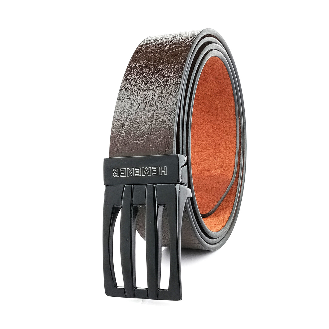 Hemener Men Metal Pin Hole Buckle Dark Brown Genuine Leather Belt