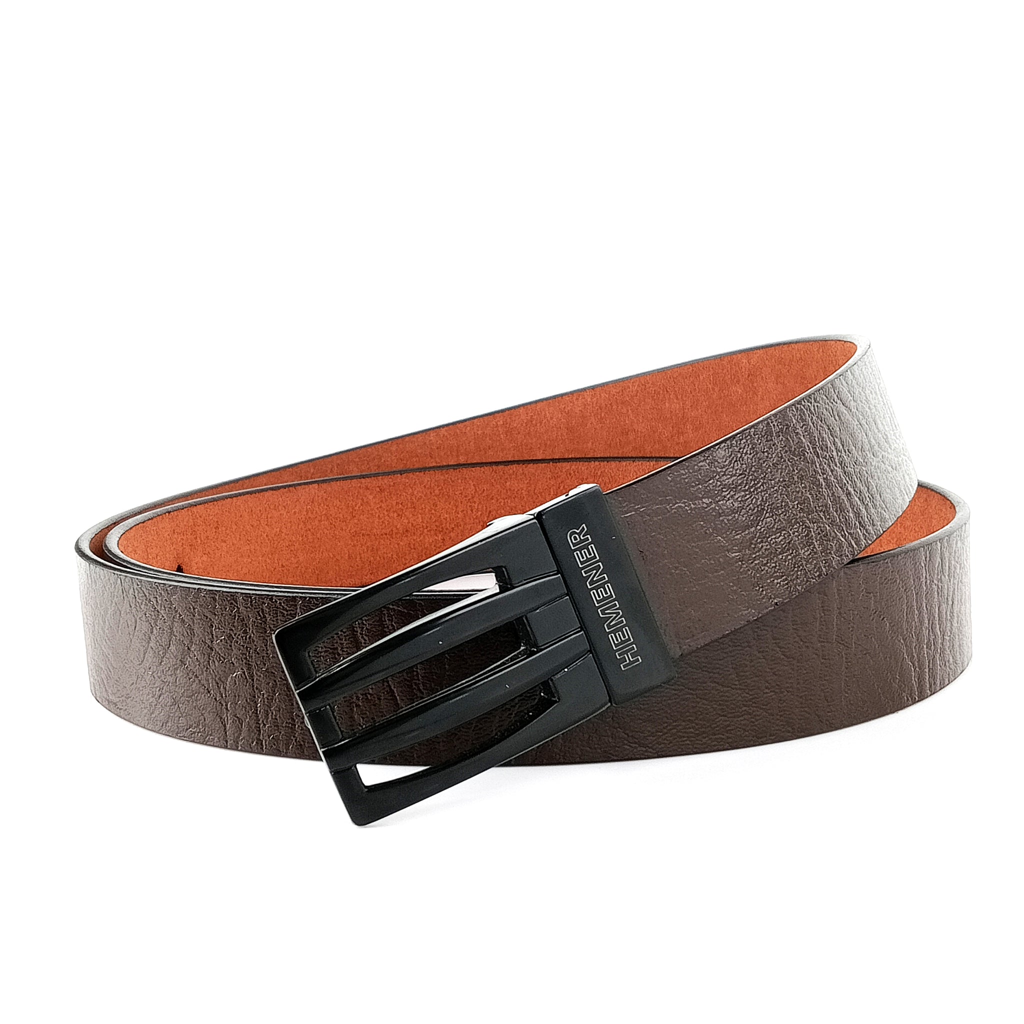 Hemener Men Metal Pin Hole Buckle Dark Brown Genuine Leather Belt