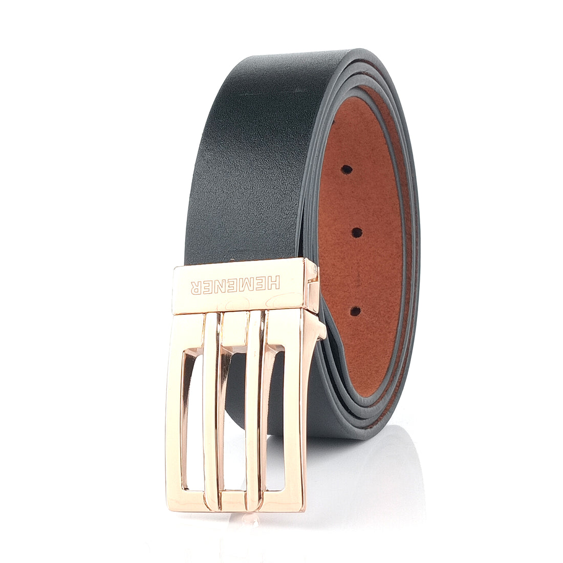 Hemener Men Metal Pin Hole Buckle Black Genuine Leather Belt