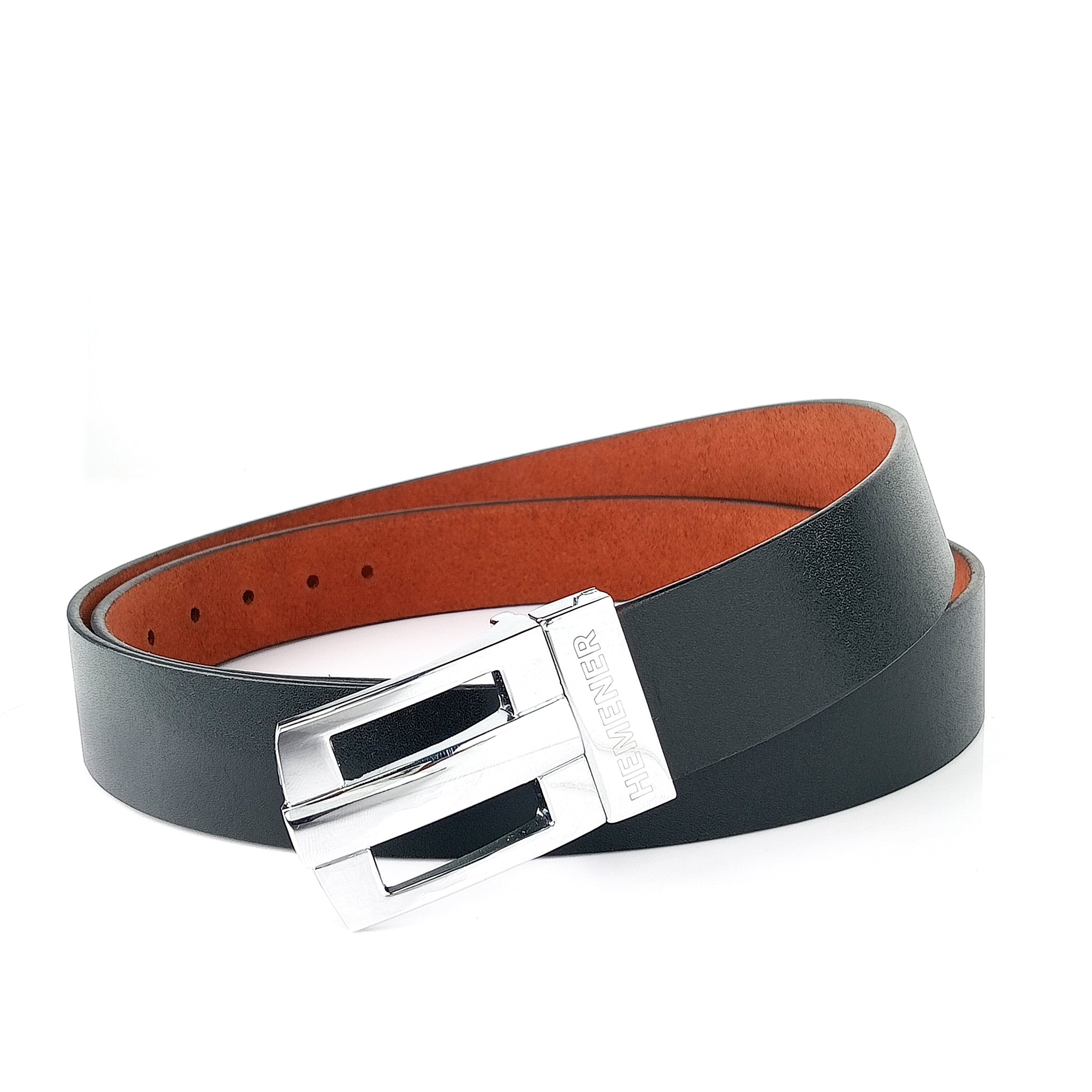 Hemener Men Metal Pin Hole Buckle Black Genuine Leather Belt