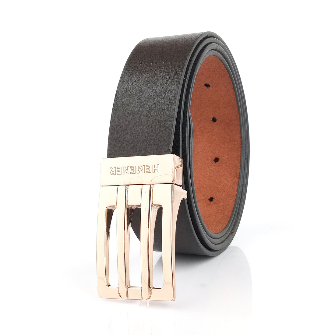 Hemener Men Metal Pin Hole Buckle Dark Brown Genuine Leather Belt