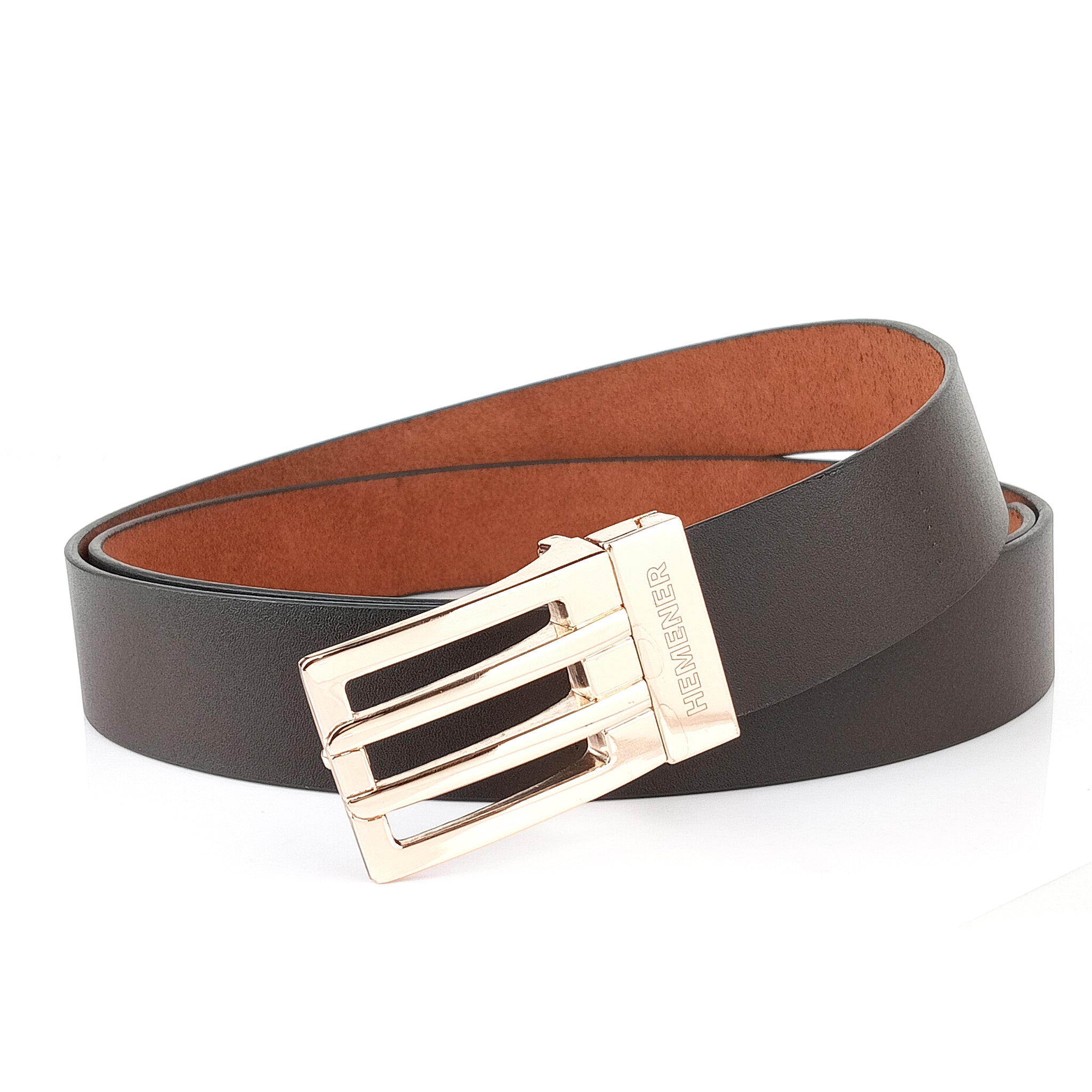 Hemener Men Metal Pin Hole Buckle Dark Brown Genuine Leather Belt