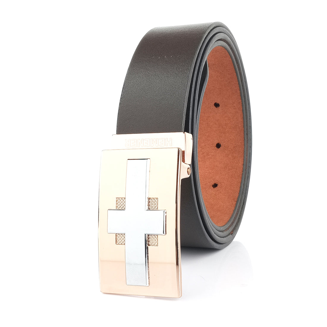 Hemener Men Pin Hole Alloy Buckle Dark Brown Genuine Leather Belt