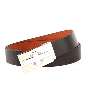 Hemener Men Pin Hole Alloy Buckle Dark Brown Genuine Leather Belt