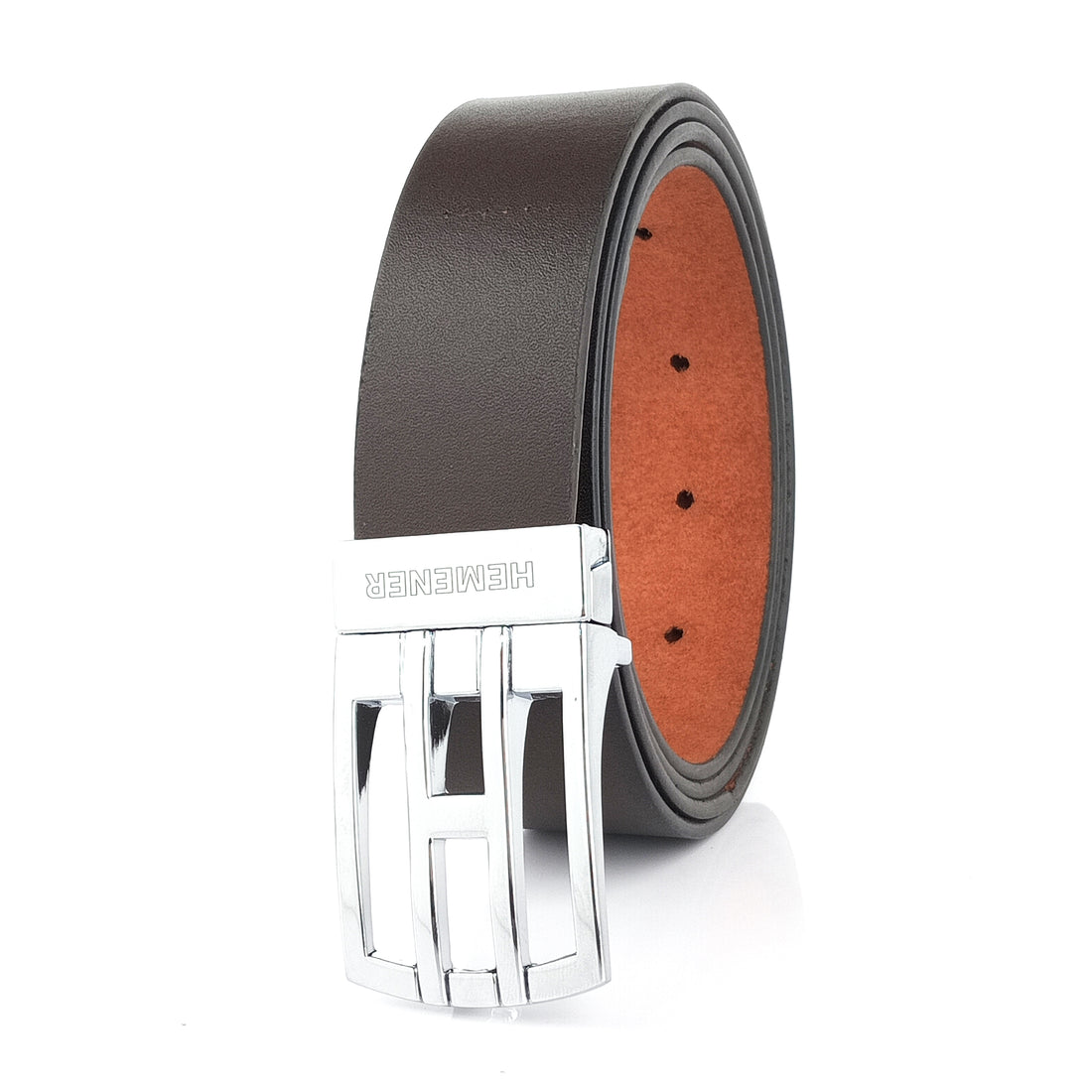 Hemener Men Pin Hole   Buckle Dark Brown Genuine Leather Belt