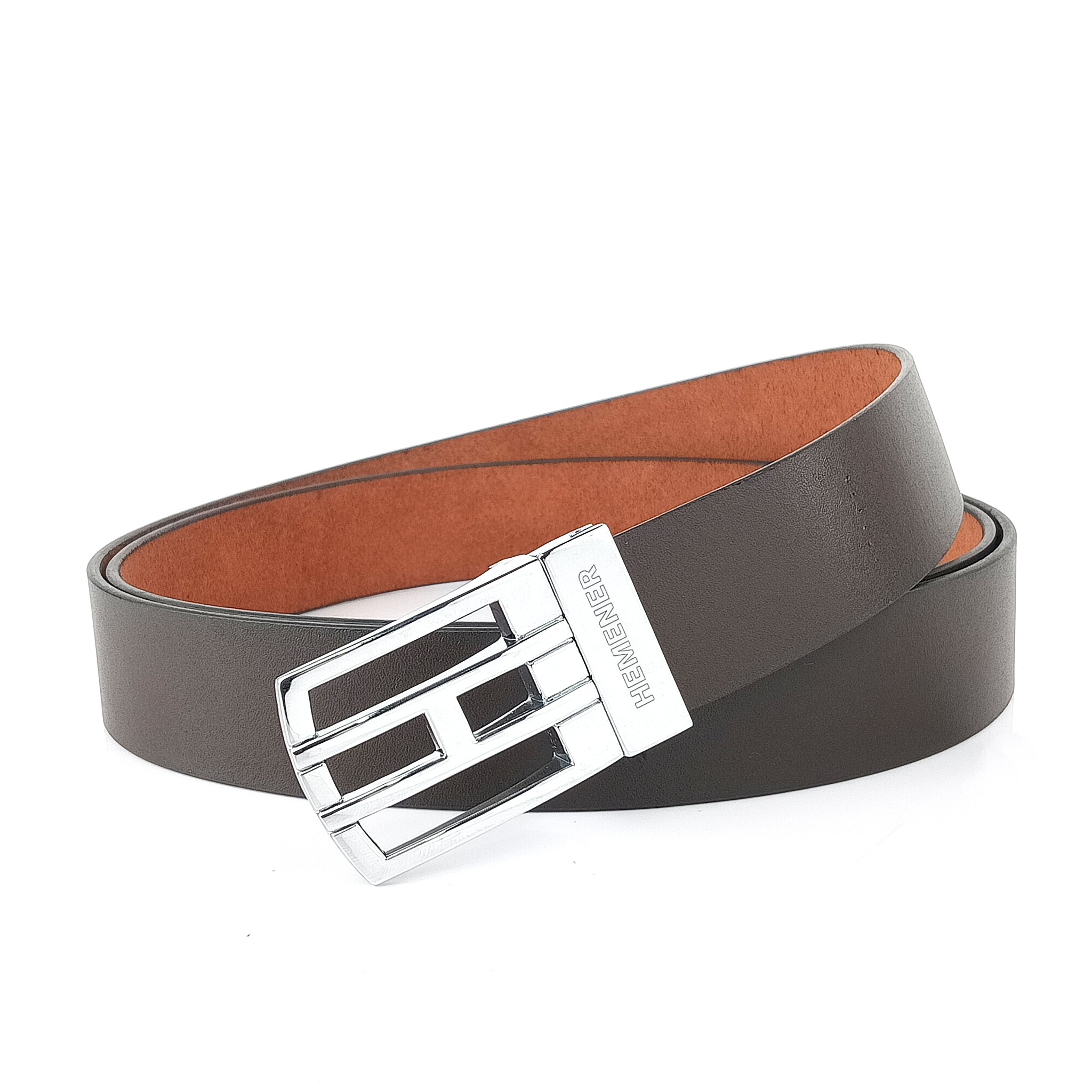 Hemener Men Pin Hole   Buckle Dark Brown Genuine Leather Belt