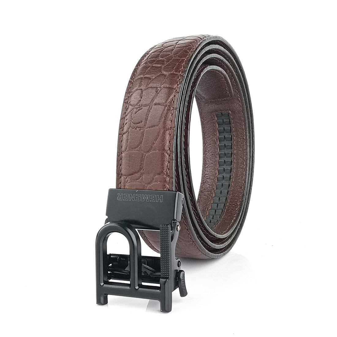 Hemener Men P Letter Metal Auto Grip Buckle Brown Croc Pattern Genuine Leather Belt