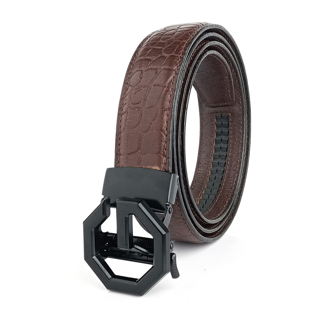 Hemener Men G Letter Metal Auto Grip Buckle Brown Croc Pattern Genuine Leather Belt