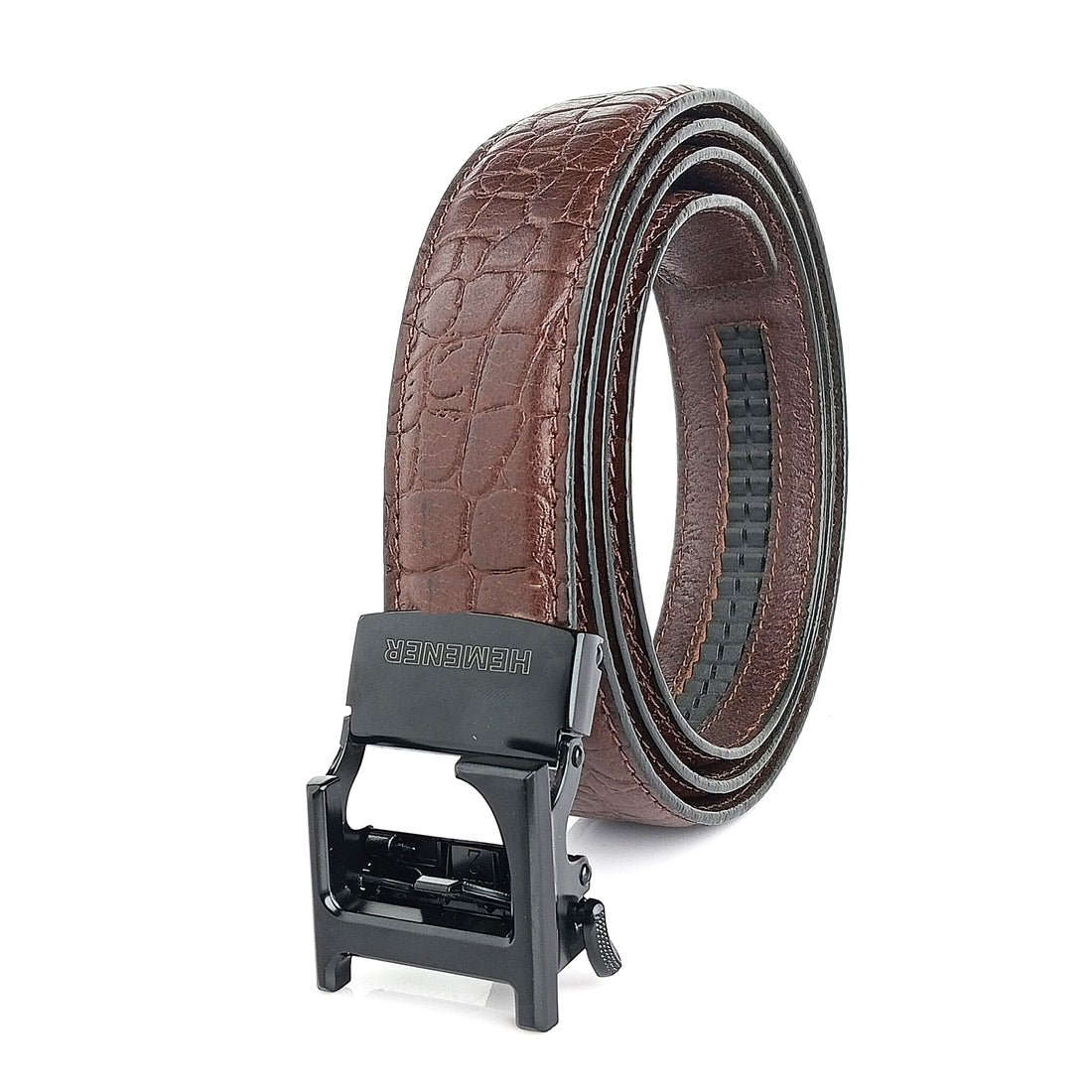 Hemener Men L Letter Metal Auto Grip Buckle Brown Croc Pattern Genuine Leather Belt