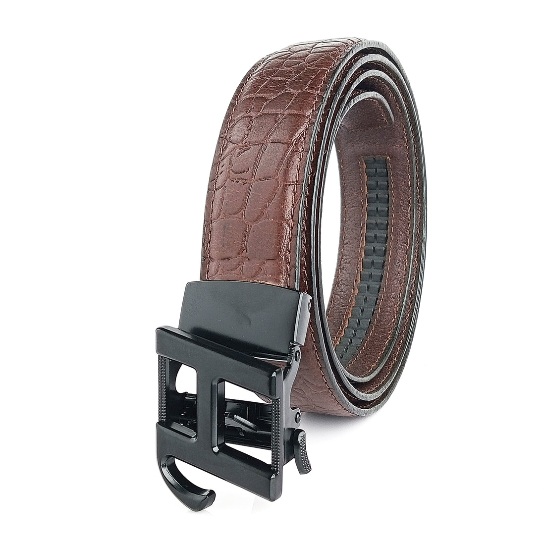 Hemener Men H Letter Metal Auto Grip Buckle Brown Croc Pattern Genuine Leather Belt