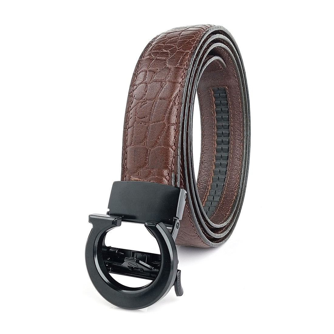 Hemener Men C Letter Metal Auto Grip Buckle Brown Croc Pattern Genuine Leather Belt