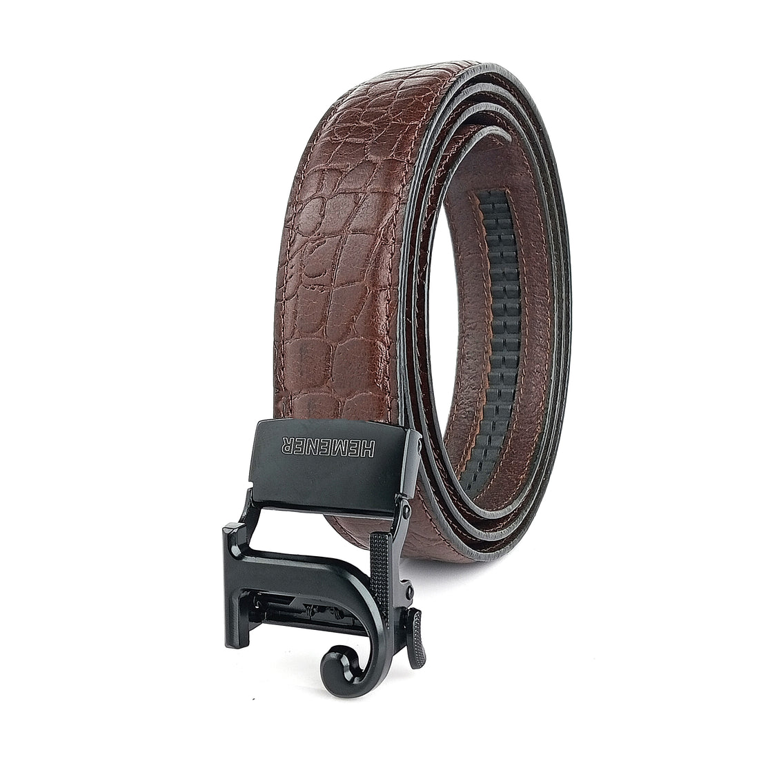 Hemener Men J Letter Metal Auto Grip Buckle Brown Croc Pattern Genuine Leather Belt