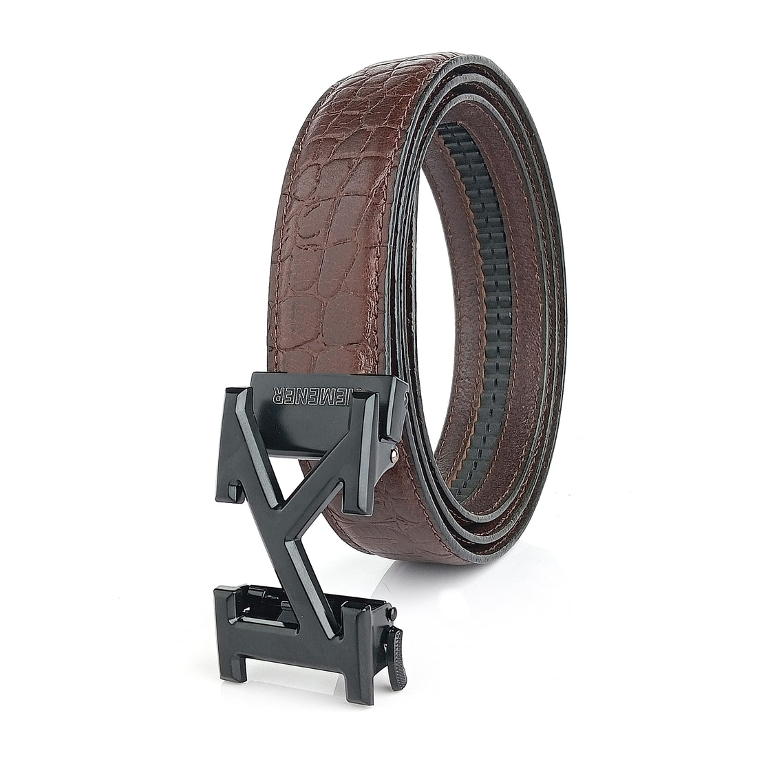 Hemener Men K Letter Metal Auto Grip Buckle Brown Croc Pattern Genuine Leather Belt