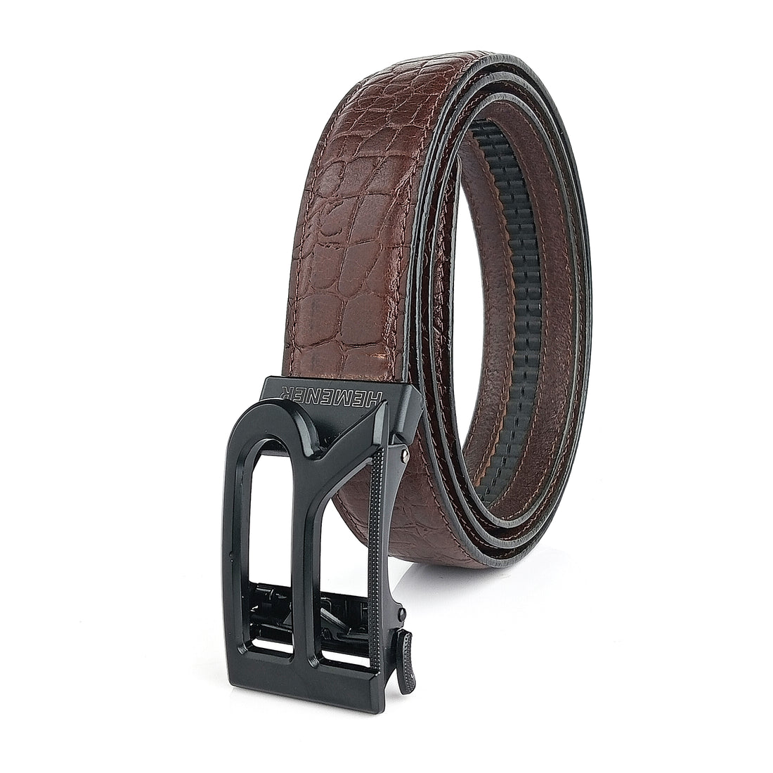 Hemener Men R Letter Metal Auto Grip Buckle Brown Croc Pattern Genuine Leather Belt