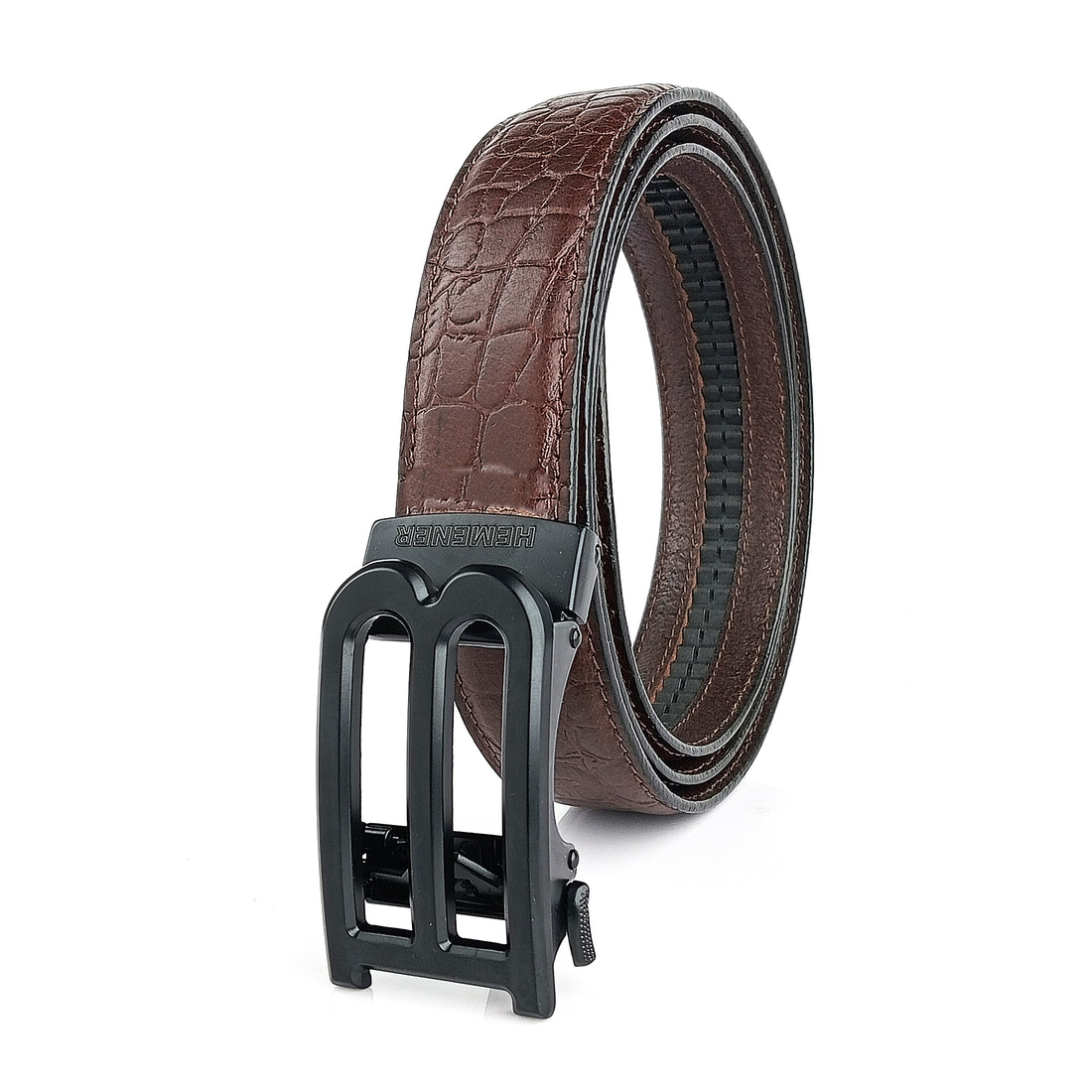 Hemener Men B Letter Metal Auto Grip Buckle Brown Croc Pattern Genuine Leather Belt