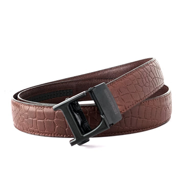 Hemener Men L Letter Metal Auto Grip Buckle Brown Croc Pattern Genuine Leather Belt