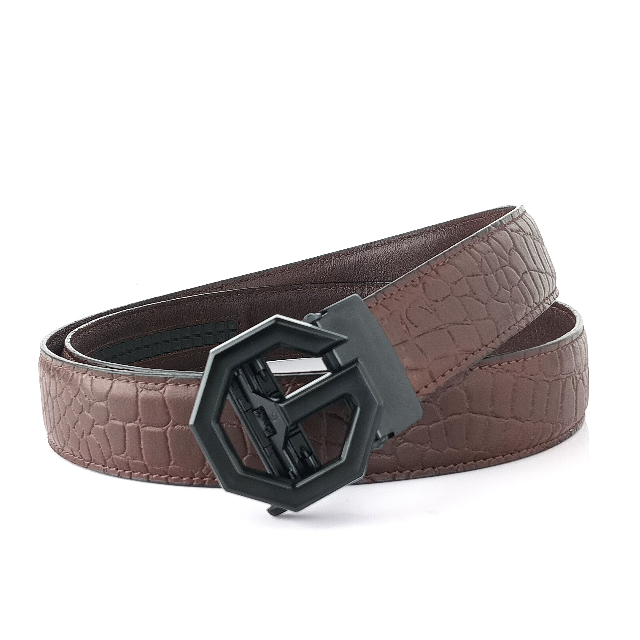 Hemener Men G Letter Metal Auto Grip Buckle Brown Croc Pattern Genuine Leather Belt