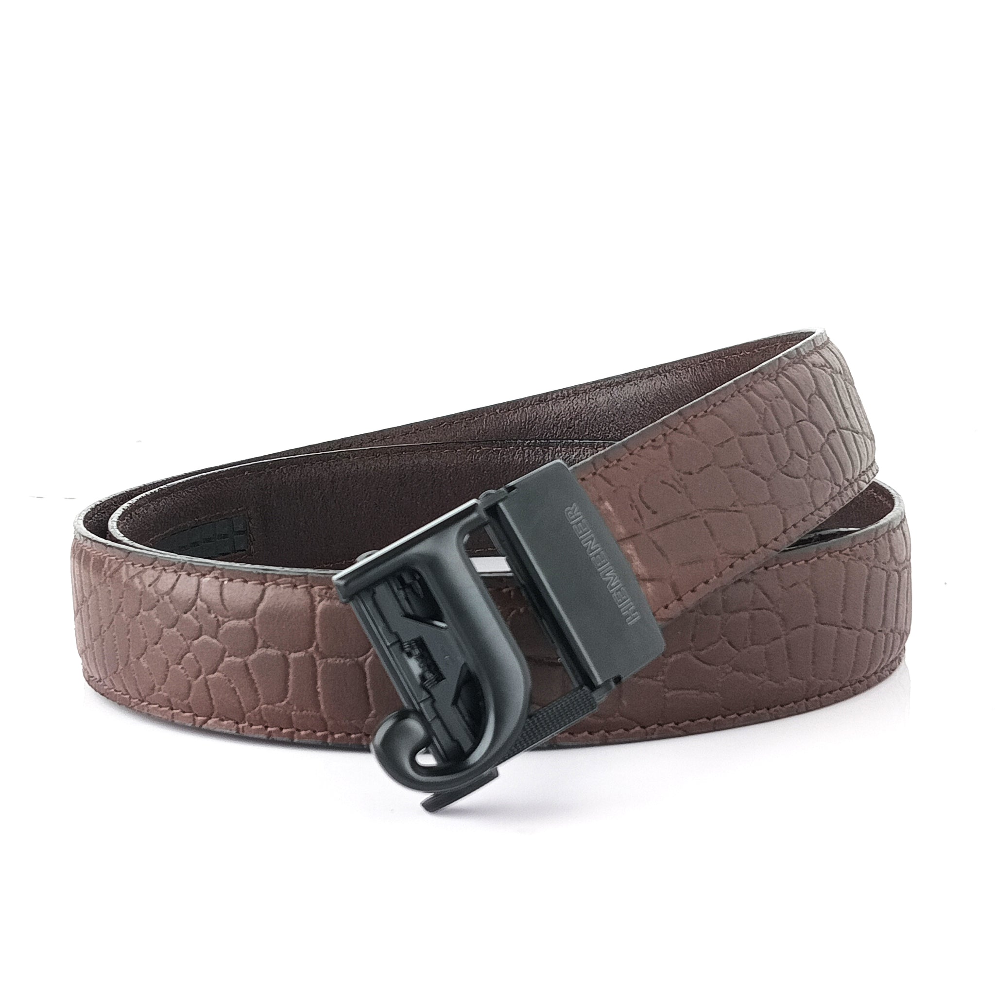 Hemener Men J Letter Metal Auto Grip Buckle Brown Croc Pattern Genuine Leather Belt