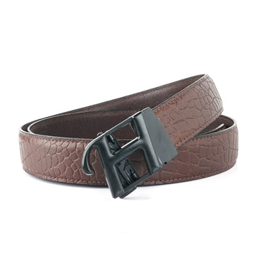 Hemener Men H Letter Metal Auto Grip Buckle Brown Croc Pattern Genuine Leather Belt