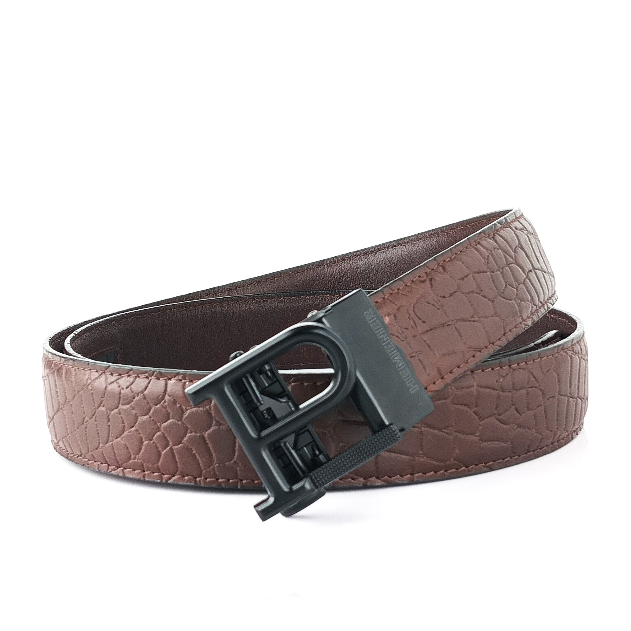 Hemener Men P Letter Metal Auto Grip Buckle Brown Croc Pattern Genuine Leather Belt