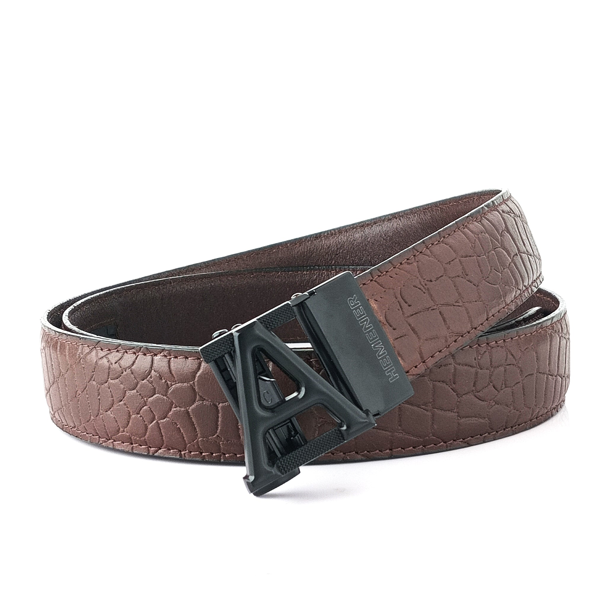 Hemener Men A Letter Metal Auto Grip Buckle Brown Croc Pattern Genuine Leather Belt